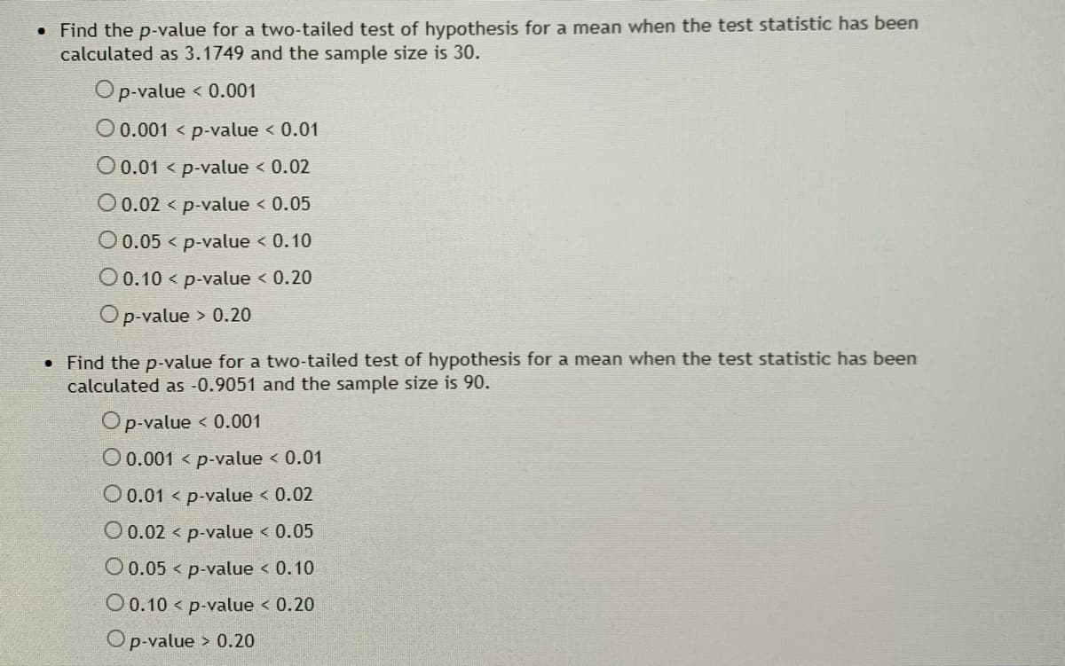 • Find the p-value for a two-tailed test of hypothesis for a mean when the test statistic has been
calculated as 3.1749 and the sample size is 30.
Op-value < 0.001
O 0.001 < p-value < 0.01
O0.01 < p-value < 0.02
O 0.02 < p-value < 0.05
O 0.05 < p-value < 0.10
O0.10 < p-value < 0.20
Op-value > 0.20
• Find the p-value for a two-tailed test of hypothesis for a mean when the test statistic has been
calculated as -0.9051 and the sample size is 90.
Op-value < 0.001
O0.001 < p-value < 0.01
O 0.01 < p-value < 0.02
O 0.02 < p-value < 0.05
O 0.05 < p-value < 0.10
O0.10 < p-value < 0.20
Op-value > 0.20
