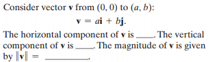 Consider vector v from (0, 0) to (a, b):
v = ai + bj.
The horizontal component of v is The vertical
component of v is
by v| =
The magnitude of v is given
