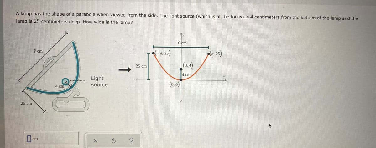 A lamp has the shape of a parabola when viewed from the side. The light source (which is at the focus) is 4 centimeters from the bottom of the lamp and the
lamp is 25 centimeters deep. How wide is the lamp?
? сm
a, 25)
(a, 25)
(0.4)
25 cm
4 ст
Light
(0, 0)
4 cm
source
25 cm
Cm
