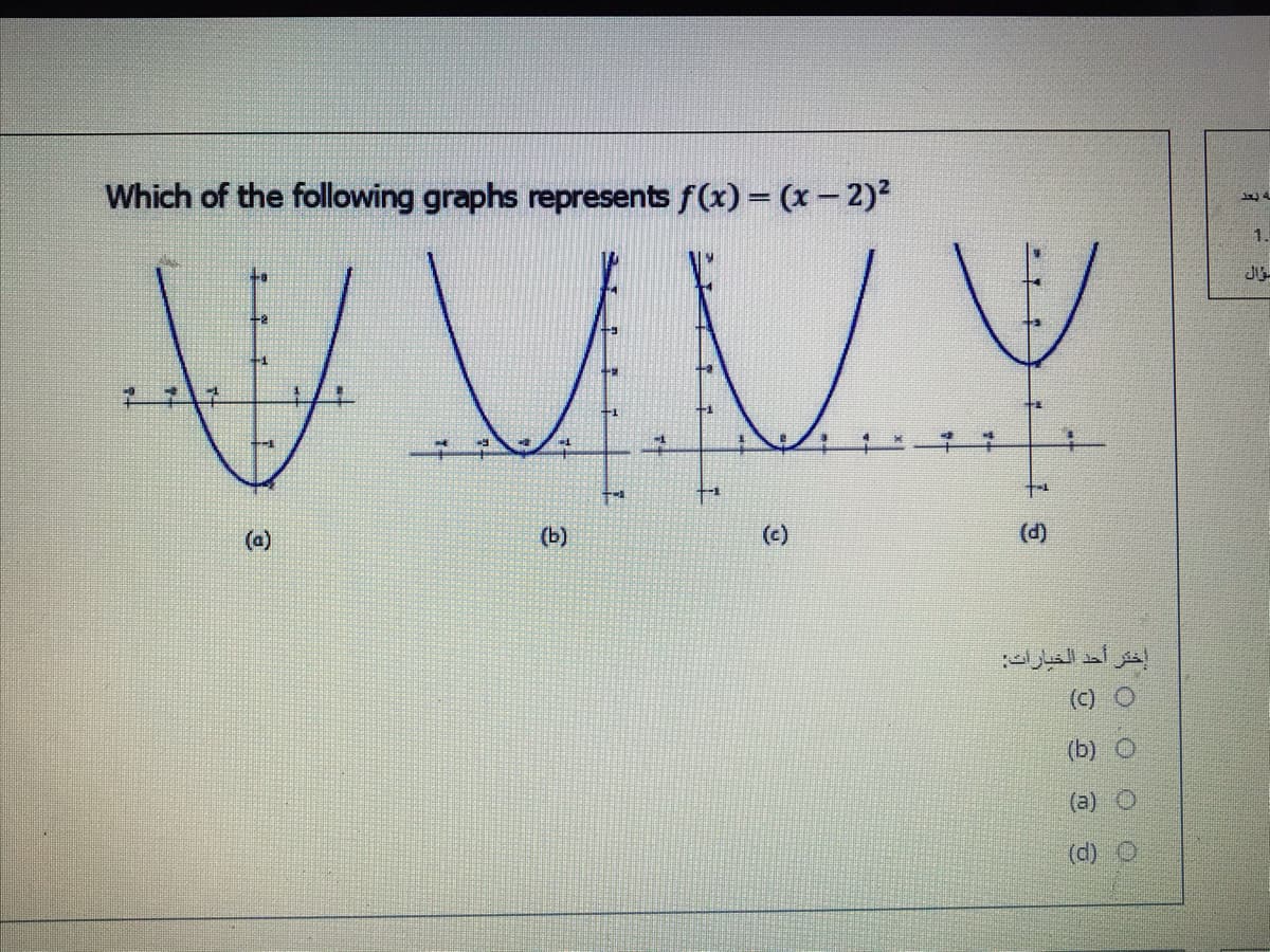Which of the following graphs represents f(x) = (x 2)?
1.
(a)
(b)
(c)
(d)
إختر أحد الخيارات
(c)
(a) O
(d)
