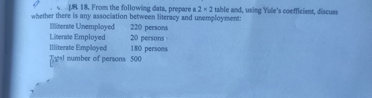 4.18 18. From the following data, prepare a 2 x 2 table and, using Yule's coefficient, discuss
whether there is any association between literacy and unemployment:
Illiterate Unemployed
Literate Employed
Illiterate Employed
220 persons
20 persons
180 persons
Tatal number of persons 500
