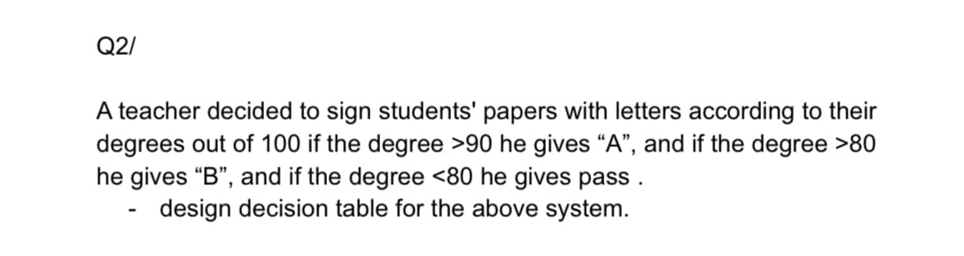 Q2/
A teacher decided to sign students' papers with letters according to their
degrees out of 100 if the degree >90 he gives “A", and if the degree >80
he gives “B", and if the degree <80 he gives pass .
design decision table for the above system.
