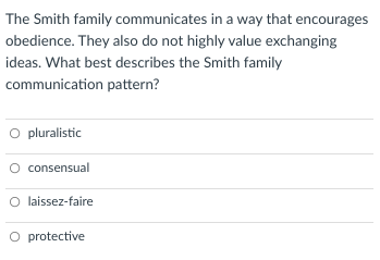 The Smith family communicates in a way that encourages
obedience. They also do not highly value exchanging
ideas. What best describes the Smith family
communication pattern?
O pluralistic
consensual
O laissez-faire
O protective
