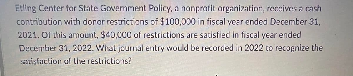 Etling Center for State Government Policy, a nonprofit organization, receives a cash
contribution with donor restrictions of $100,000 in fiscal year ended December 31,
2021. Of this amount, $40,000 of restrictions are satisfied in fiscal year ended
December 31, 2022. What journal entry would be recorded in 2022 to recognize the
satisfaction of the restrictions?