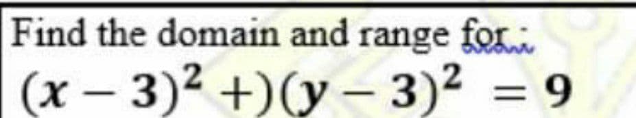 Find the domain and range for
(x – 3)² +)(y - 3)2 = 9
