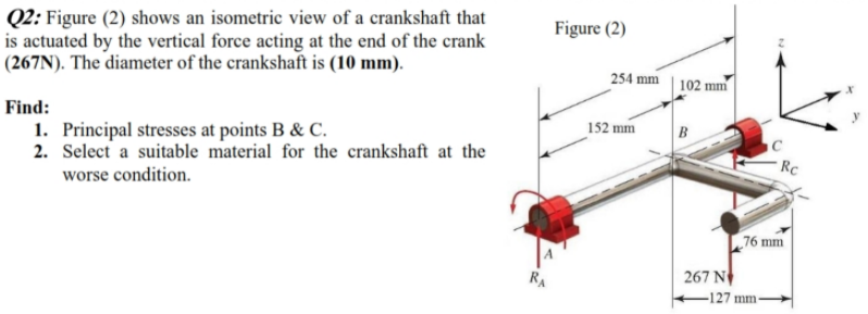 Q2: Figure (2) shows an isometric view of a crankshaft that
is actuated by the vertical force acting at the end of the crank
(267N). The diameter of the crankshaft is (10 mm).
Figure (2)
254 mm
102 mm
Find:
152 mm
1. Principal stresses at points B & C.
2. Select a suitable material for the crankshaft at the
Rc
worse condition.
76 mm
267 N
-127 mm-
RA
