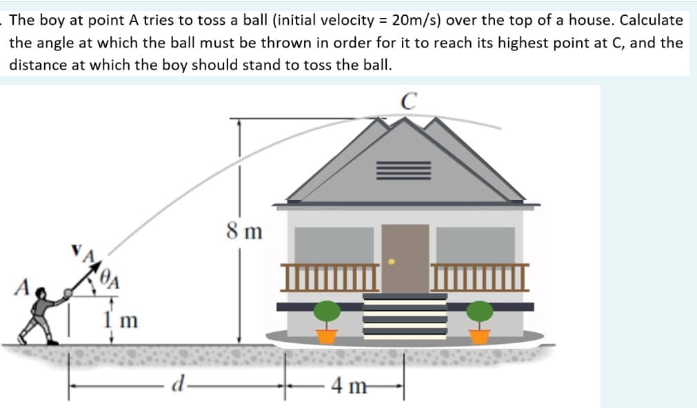 The boy at point A tries to toss a ball (initial velocity = 20m/s) over the top of a house. Calculate
the angle at which the ball must be thrown in order for it to reach its highest point at C, and the
distance at which the boy should stand to toss the ball.
C
8 m
A
- 4 m
