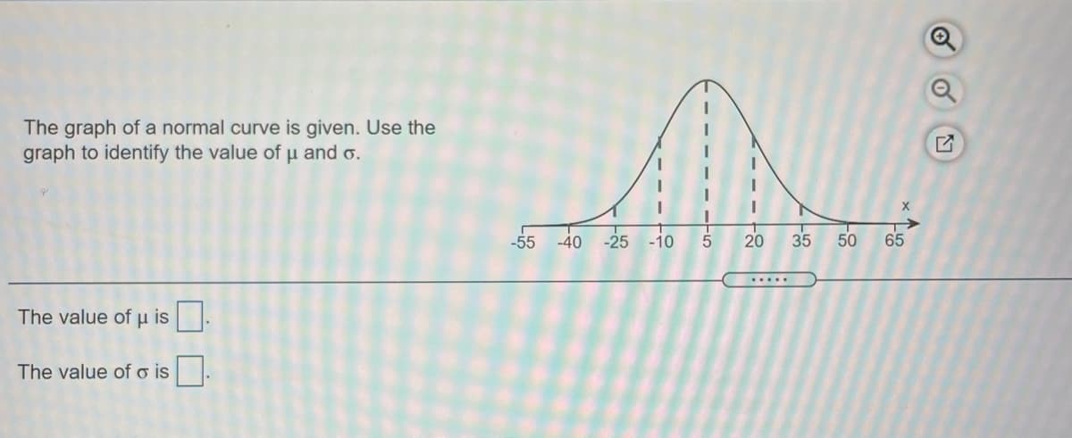 The graph of a normal curve is given. Use the
graph to identify the value of u and o.
-55
-40 -25 -10
20
35
50
65
The value of u is
The value of o is
