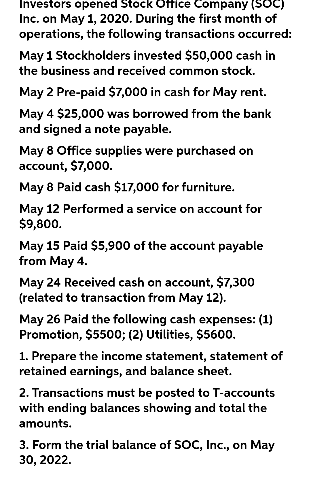 Investors opened Stock Office Company (SOC)
Inc. on May 1, 2020. During the first month of
operations, the following transactions occurred:
May 1 Stockholders invested $50,000 cash in
the business and received common stock.
May 2 Pre-paid $7,000 in cash for May rent.
May 4 $25,000 was borrowed from the bank
and signed a note payable.
May 8 Office supplies were purchased on
account, $7,000.
May 8 Paid cash $17,000 for furniture.
May 12 Performed a service on account for
$9,800.
May 15 Paid $5,900 of the account payable
from May 4.
May 24 Received cash on account, $7,300
(related to transaction from May 12).
May 26 Paid the following cash expenses: (1)
Promotion, $5500; (2) Utilities, $5600.
1. Prepare the income statement, statement of
retained earnings, and balance sheet.
2. Transactions must be posted to T-accounts
with ending balances showing and total the
amounts.
3. Form the trial balance of SOC, Inc., on May
30, 2022.