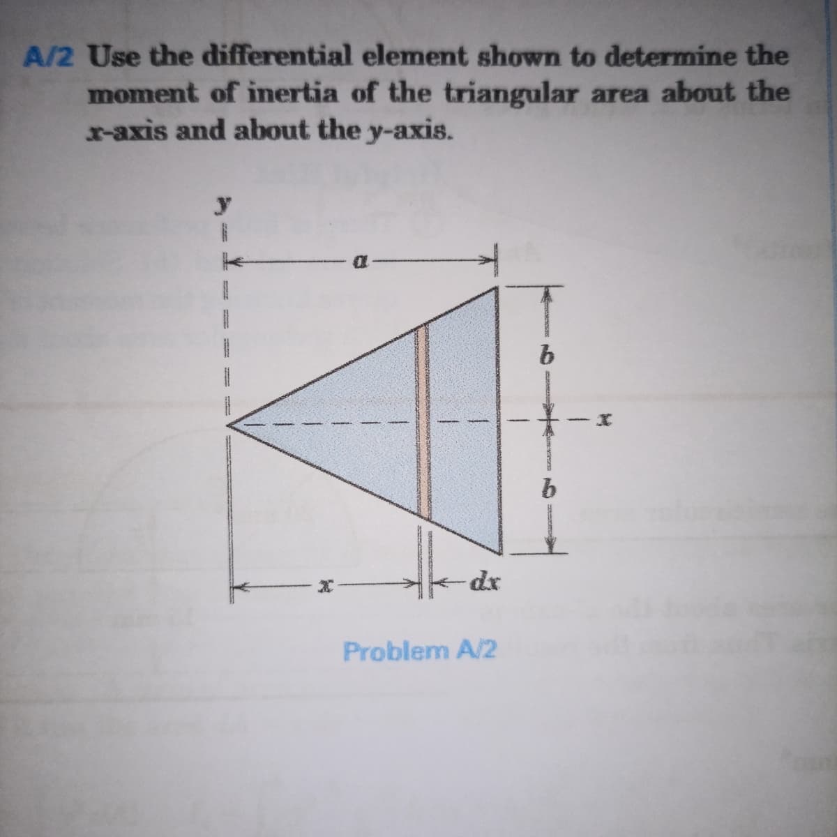 A/2 Use the differential element shown to determine the
moment of inertia of the triangular area about the
r-axis and about the y-axis.
b.
dp-
Problem A/2
