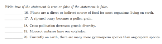 Write true if the statement is true or false if the statement is false.
16. Plants are a direct or indirect source of food for most organisms living on earth.
17. A ripened ovary becomes a pollen grain.
18. Cross-pollination decreases genetic diversity.
19. Monocot embryos have one cotyledon.
20. Currently on earth, there are many more gymnosperm species than angiosperm species.
