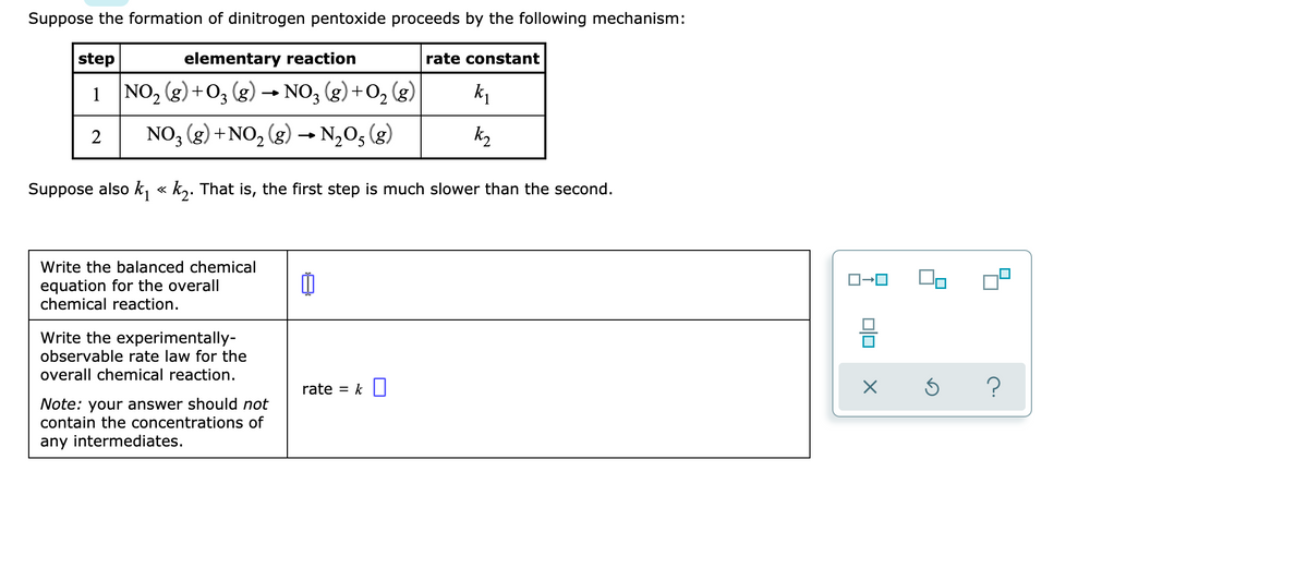 Suppose the formation of dinitrogen pentoxide proceeds by the following mechanism:
elementary reaction
NO₂ (g) + 03 (g) → NO3 (g) + O₂
NO3 (g) + NO₂ (g) → N₂O5 (8)
Suppose also k₁ << kỵ. That is, the first step is much slower than the second.
step
1
2
Write the balanced chemical
equation for the overall
chemical reaction.
Write the experimentally-
observable rate law for the
overall chemical reaction.
Note: your answer should not
contain the concentrations of
any intermediates.
៣
rate =
k
O₂(g)
rate constant
k₁
k₂
ロ→ロ
010
X
Ś
?