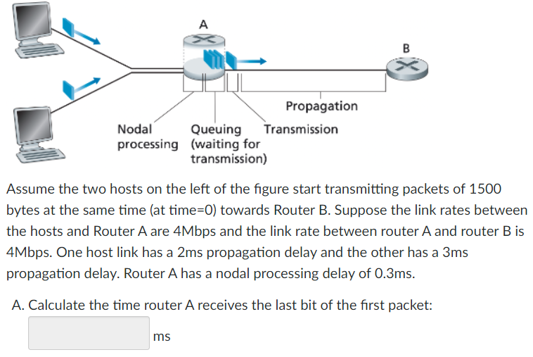A
Propagation
Queuing
processing (waiting for
transmission)
Nodal
Transmission
Assume the two hosts on the left of the figure start transmitting packets of 1500
bytes at the same time (at time=D0) towards Router B. Suppose the link rates between
the hosts and Router A are 4Mbps and the link rate between router A and router B is
4Mbps. One host link has a 2ms propagation delay and the other has a 3ms
propagation delay. Router A has a nodal processing delay of 0.3ms.
A. Calculate the time router A receives the last bit of the first packet:
ms
