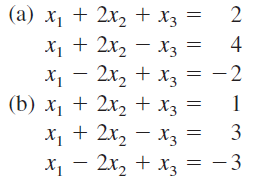 (a) x, + 2x2 + x3
2
X, + 2x, – X3
2x, + x3 = –2
(b) x1 + 2x, + x3 =
х + 2х, — хз —
2x, + x, = - 3
4
3
