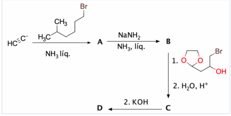 Br
CH3
H3C
NaNH,
HCEC-
A
В
NH3, líq.
NH3 líq.
Br
1. О,
`OH
2. H,О, H*
2. КОН
