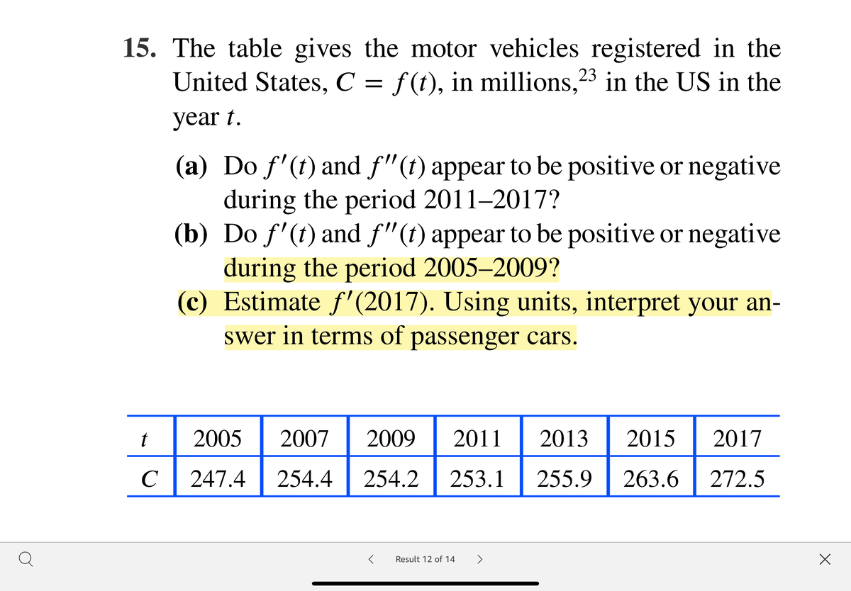 15. The table gives the motor vehicles registered in the
United States, C = f(t), in millions,23 in the US in the
year t.
(a) Do f'(t) and f"(t) appear to be positive or negative
during the period 2011–2017?
(b) Do f'(t) and f"(t) appear to be positive or negative
during the period 2005–2009?
(c) Estimate f'(2017). Using units, interpret your an-
swer in terms of passenger cars.
t
2005
2007
2009
2011
2013
2015
2017
C
247.4
254.4
254.2
253.1
255.9
263.6
272.5
Q
>
Result 12 of 14
