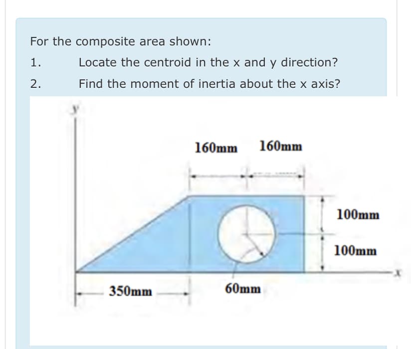 For the composite area shown:
1.
Locate the centroid in the x and y direction?
2.
Find the moment of inertia about the x axis?
160mm
160mm
100mm
100mm
350mm
60mm
