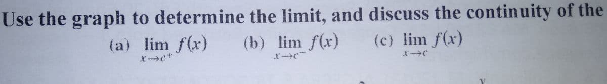Use the graph to determine the limit, and discuss the continuity of the
(a) lim f(x)
(b) lim f(x)
(c) lim f(x)
X c*
ー→で
