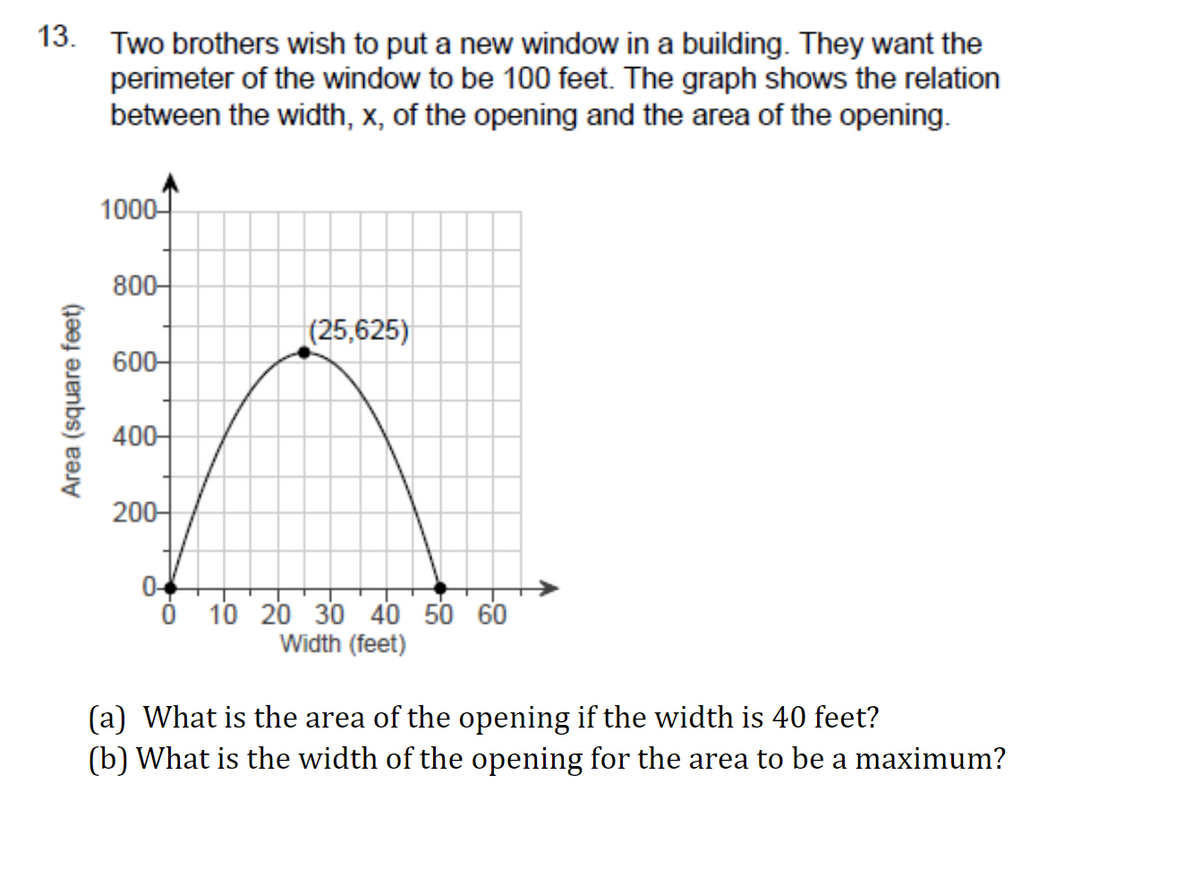 13. Two brothers wish to put a new window in a building. They want the
perimeter of the window to be 100 feet. The graph shows the relation
between the width, x, of the opening and the area of the opening.
1000-
800-
(25,625)
600-
400-
200-
0-4
Ó 10 20 30 40 50 60
Width (feet)
(a) What is the area of the opening if the width is 40 feet?
(b) What is the width of the opening for the area to be a maximum?
Area (square feet)

