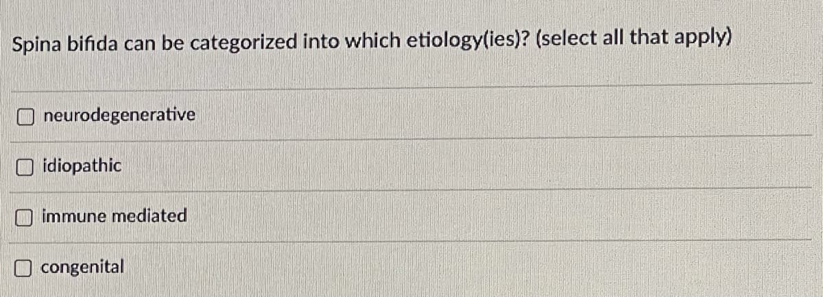 Spina bifida can be categorized into which etiology(ies)? (select all that apply)
O neurodegenerative
O idiopathic
immune mediated
congenital
