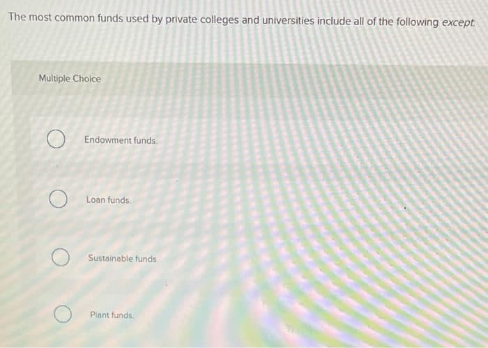 The most common funds used by private colleges and universities include all of the following except.
Multiple Choice
Endowment funds.
Loan funds.
Sustainable funds.
Plant funds.
