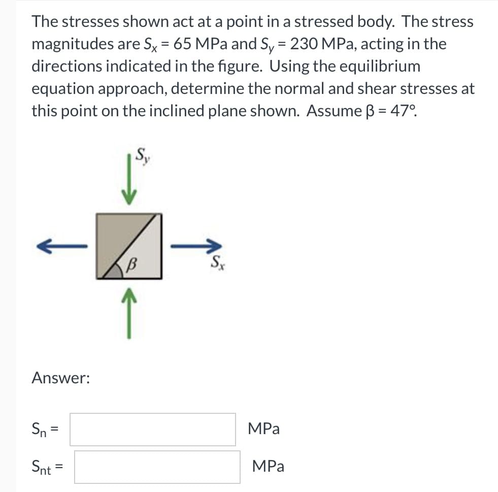 The stresses shown act at a point in a stressed body. The stress
magnitudes are Sx = 65 MPa and Sy = 230 MPa, acting in the
directions indicated in the figure. Using the equilibrium
equation approach, determine the normal and shear stresses at
this point on the inclined plane shown. Assume ß = 47°.
Sy
Answer:
Sn =
MPa
%3D
Snt =
MPа
%3D
