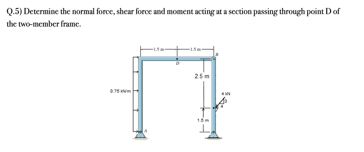 Q.5) Determine the normal force, shear force and moment acting at a section passing through point D of
the two-member frame.
0.75 kN/m
A
-1.5 m
D
-1.5 m
2.5 m
1.5 m
Į
B
4 kN