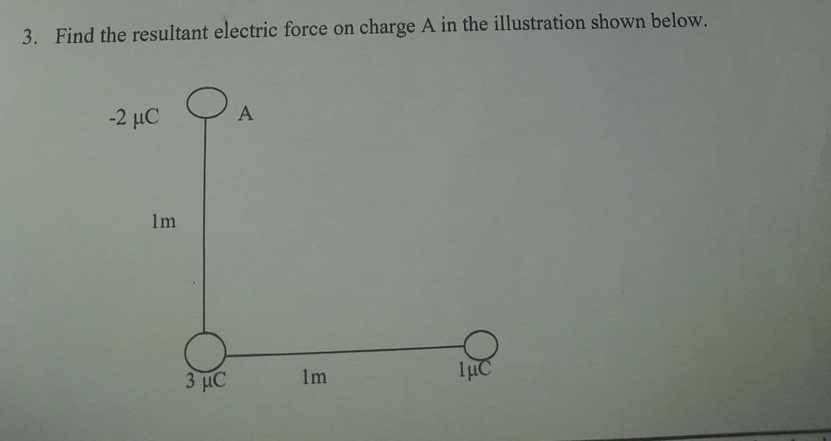 3. Find the resultant electric force on charge A in the illustration shown below.
-2 μC
A
1m
3 µC
1m
1µC
