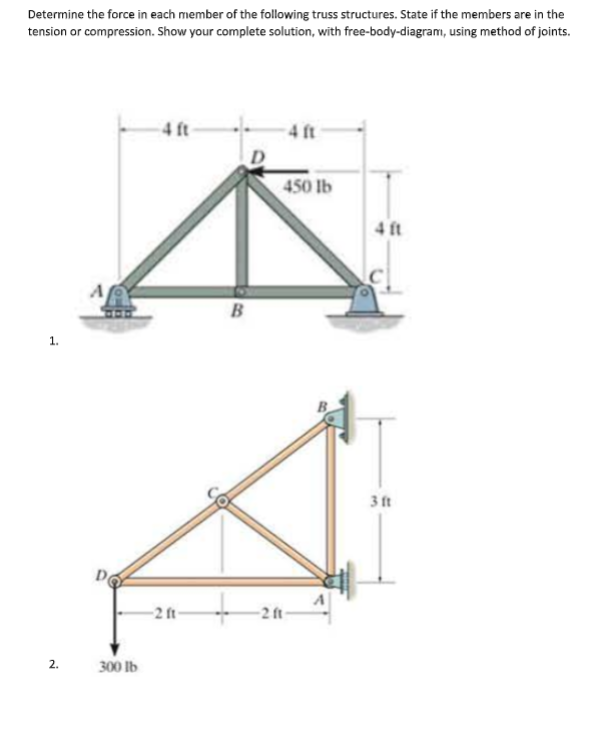 Determine the force in each member of the following truss structures. State if the members are in the
tension or compression. Show your complete solution, with free-body-diagram, using method of joints.
4 ft
4 ft
D
450 lb
4 ft
A
B
1.
3 ft
-2 ft
-2 ft
2.
300 lb

