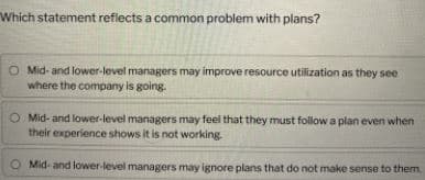 Which statement reflects a common problem with plans?
O Mid- and lower-level managers may improve resource utilization as they see
where the company is going.
Mid- and lower-level managers may feel that they must follow a plan even when
their experience shows it is not working
O Mid- and lower-level managers may ignore plans that do not make sense to them
