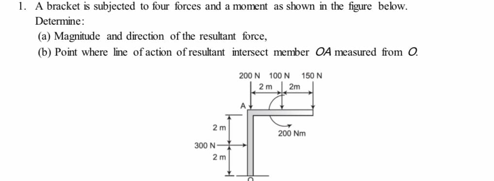 1. A bracket is subjected to four forces and a moment as shown in the figure below.
Determine:
(a) Magnitude and direction of the resultant force,
(b) Point where line of action of resultant intersect member OA measured from O.
200 N
100 N
150 N
2 m
2m
A
2 m
200 Nm
300 N
2 m
