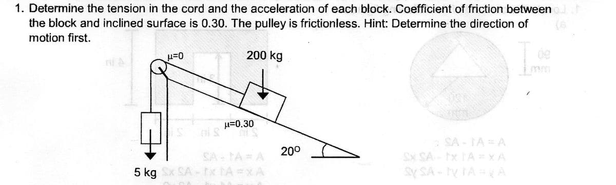 1. Determine the tension in the cord and the acceleration of each block. Coefficient of friction between
the block and inclined surface is 0.30. The pulley is frictionless. Hint: Determine the direction of
motion first.
200 kg
0=ri
H=0.30
aSA - TA = A
Sx SA- x TA XA
SY SA - ty TA = A
200
SA - TAA
5 kg x SA- tx Ax A
