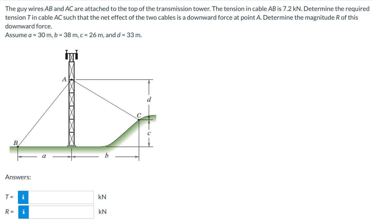The guy wires AB and AC are attached to the top of the transmission tower. The tension in cable AB is 7.2 kN. Determine the required
tension T in cable AC such that the net effect of the two cables is a downward force at point A. Determine the magnitude R of this
downward force.
Assume a = 30 m, b = 38 m, c = 26 m, and d = 33 m.
B)
Answers:
T =
i
kN
%3D
R =
i
kN
