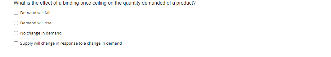 What is the effect of a binding price ceiling on the quantity demanded of a product?
O Demand will fall
O Demand will rise
O No change in demand
O Supply will change in response to a change in demand
