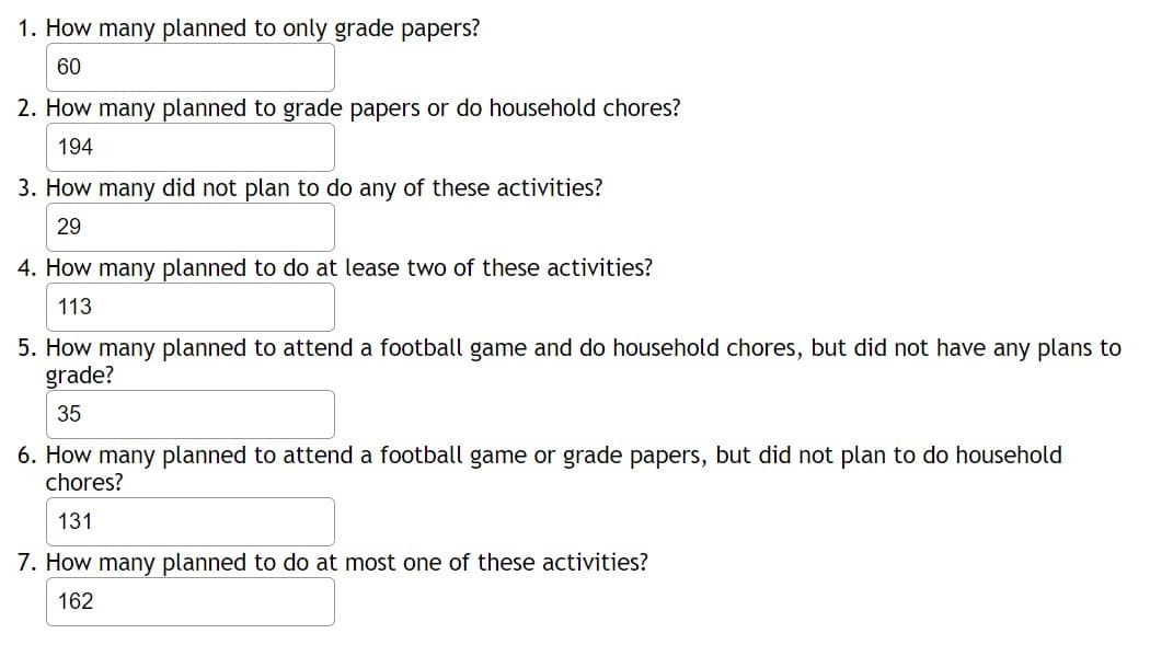 1. How many planned to only grade papers?
60
2. How many planned to grade papers or do household chores?
194
3. How many did not plan to do any of these activities?
29
4. How many planned to do at lease two of these activities?
113
5. How many planned to attend a football game and do household chores, but did not have any plans to
grade?
35
6. How many planned to attend a football game or grade papers, but did not plan to do household
chores?
131
7. How many planned to do at most one of these activities?
162