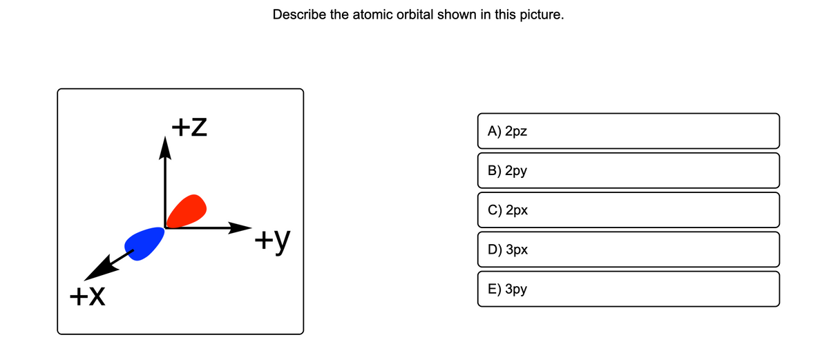 Describe the atomic orbital shown in this picture.
+Z
A) 2pz
B) 2py
C) 2рх
+y
D) Зрх
+X
E) Зру
