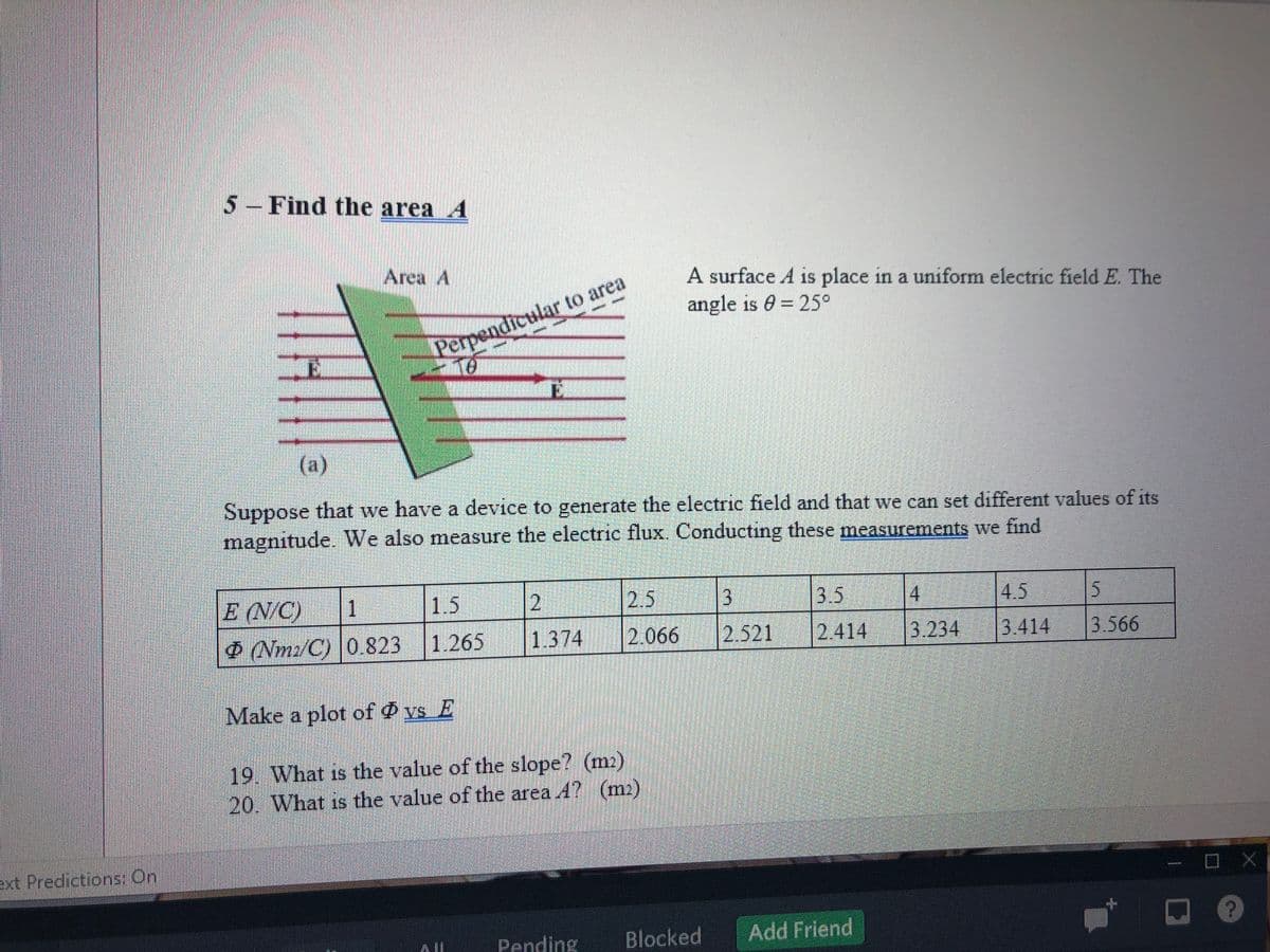 5- Find the area A
Area A
A surface A is place in a uniform electric field E. The
angle is 0 = 25°
Perpendicular to area
(a)
Suppose that we have a device to generate the electric field and that we can set different values of its
magnitude. We also measure the electric flux. Conducting these measurements we find
E (N/C)
$ (Nm2/C) 0.823 1.265
1.
1.5
2.5
3.5
4.
4.5
1.374
2.066
2.521
2.414
3.234
3.414
3.566
Make a plot of Ø vs _E
19. What is the value of the slope? (m2)
20. What is the value of the area A? (m2)
ext Predictions: On
Pending
Blocked
Add Friend
3.
