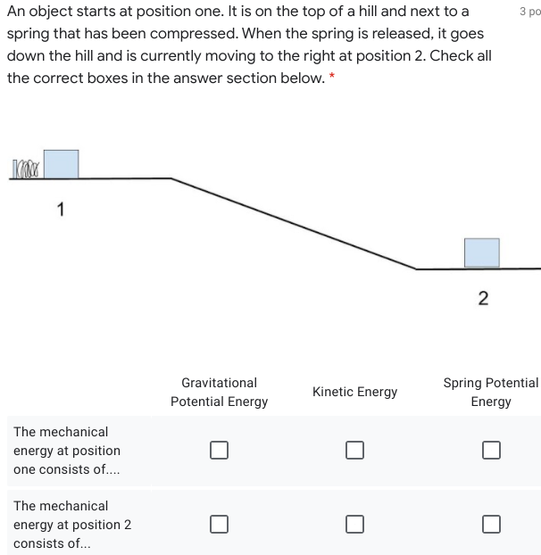 An object starts at position one. It is on the top of a hill and next to a
3 рос
spring that has been compressed. When the spring is released, it goes
down the hill and is currently moving to the right at position 2. Check all
the correct boxes in the answer section below. *
1
2
Gravitational
Spring Potential
Energy
Kinetic Energy
Potential Energy
The mechanical
energy at position
one consists of..
The mechanical
energy at position 2
consists of...

