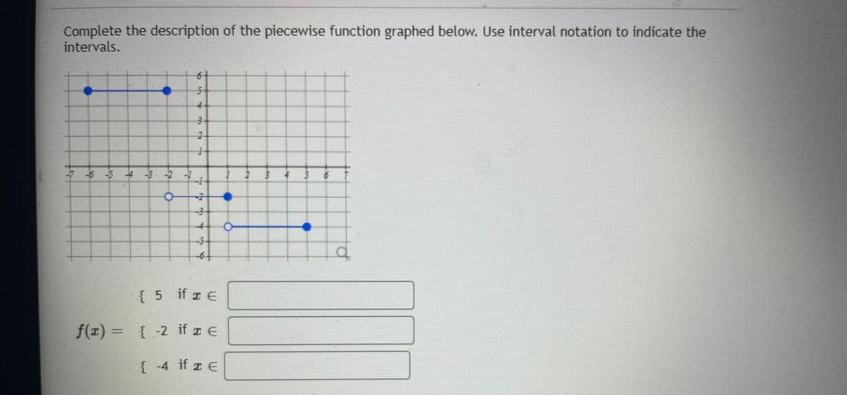 Complete the description of the piecewise function graphed below. Use interval notation to indicate the
intervals.
61
4-
6543
-
{ 5 if z E
f(z) = { -2 if z e
{ -4 if z e
