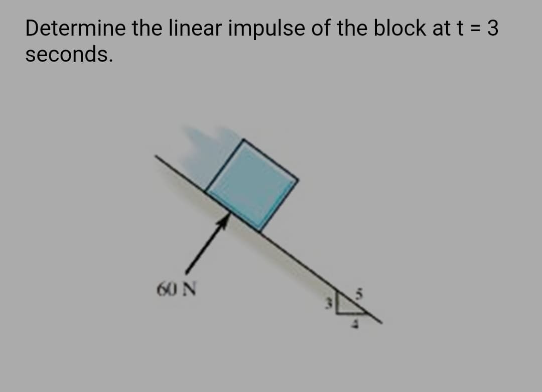 Determine the linear impulse of the block at t = 3
seconds.
60 N
