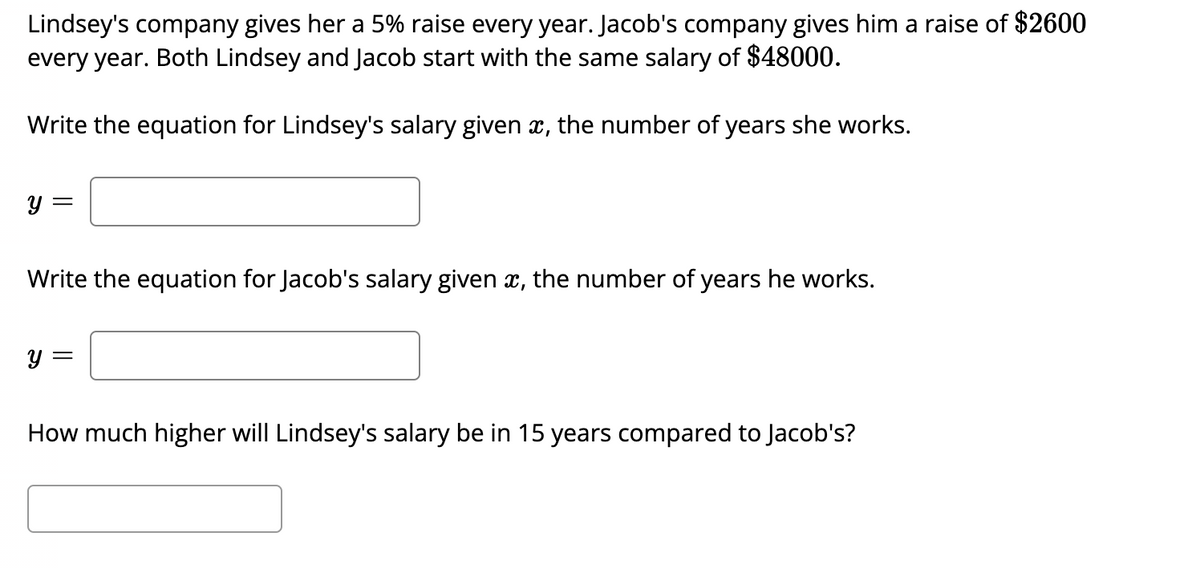 Lindsey's company gives her a 5% raise every year. Jacob's company gives him a raise of $2600
every year. Both Lindsey and Jacob start with the same salary of $48000.
Write the equation for Lindsey's salary given x, the number of years she works.
y =
Write the equation for Jacob's salary given x, the number of years he works.
y =
How much higher will Lindsey's salary be in 15 years compared to Jacob's?

