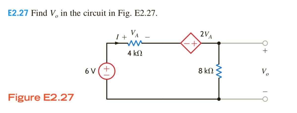 E2.27 Find V, in the circuit in Fig. E2.27.
VA
I +
2VA
4 k.
6 V (+
8 kN
V.
Figure E2.27
