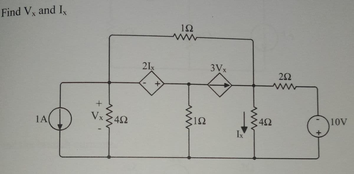 Find Vx and I
1A
+
Vx
Μ
4Ω
21x
1Ω
ΙΩ
3Vx
Ix
4Ω
ΖΩ
www
10V