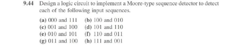 9.44 Design a logic circuit to implement a Moore-type sequence detector to detect
each of the following input sequences.
(a) 000 and 111
(c) 001 and 100
(e) 010 and 101
(g) 011 and 100
(b) 100 and 010
(d) 101 and 110
(f) 110 and 011
(h) 111 and 001