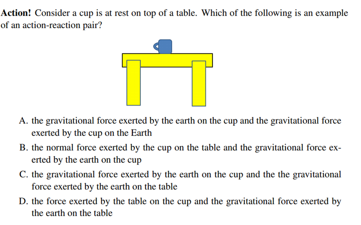 Action! Consider a cup is at rest on top of a table. Which of the following is an example
of an action-reaction pair?
A. the gravitational force exerted by the earth on the cup and the gravitational force
exerted by the cup on the Earth
B. the normal force exerted by the cup on the table and the gravitational force ex-
erted by the earth on the cup
C. the gravitational force exerted by the earth on the cup and the the gravitational
force exerted by the earth on the table
D. the force exerted by the table on the cup and the gravitational force exerted by
the earth on the table
