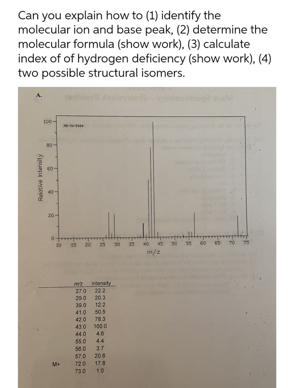 Can you explain how to (1) identify the
molecular ion and base peak, (2) determine the
molecular formula (show work), (3) calculate
index of of hydrogen deficiency (show work), (4)
two possible structural isomers.
A.
aM
100
MS-IN-3004
80
40
20
20
25
30
35
40
45
50
55
60
65
70
75
10
15
m/z
intensity
22.2
m/z
27.0
29.0
20.3
39.0
12.2
41.0
50.5
42.0
78.3
43.0
100.0
44.0
4.6
55.0
4.4
56.0
3.7
57.0
20.6
M+
72.0
17.8
73.0
1.0
Relative Intensity
