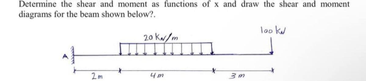 Determine the shear and moment as functions of x and draw the shear and moment
diagrams for the beam shown below?.
loo kw
20 kN/m
1
4m
2m
3m