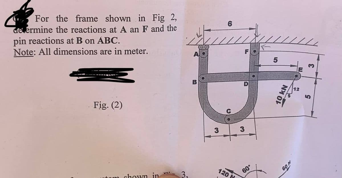 For the frame shown in Fig 2,
determine the reactions at A an F and the
pin reactions at B on ABC.
Note: All dimensions are in meter.
Fig. (2)
m shown in
6
A
5
U
B
3
3
3,
120
60°
10 kN
60 N
E
12
3
5