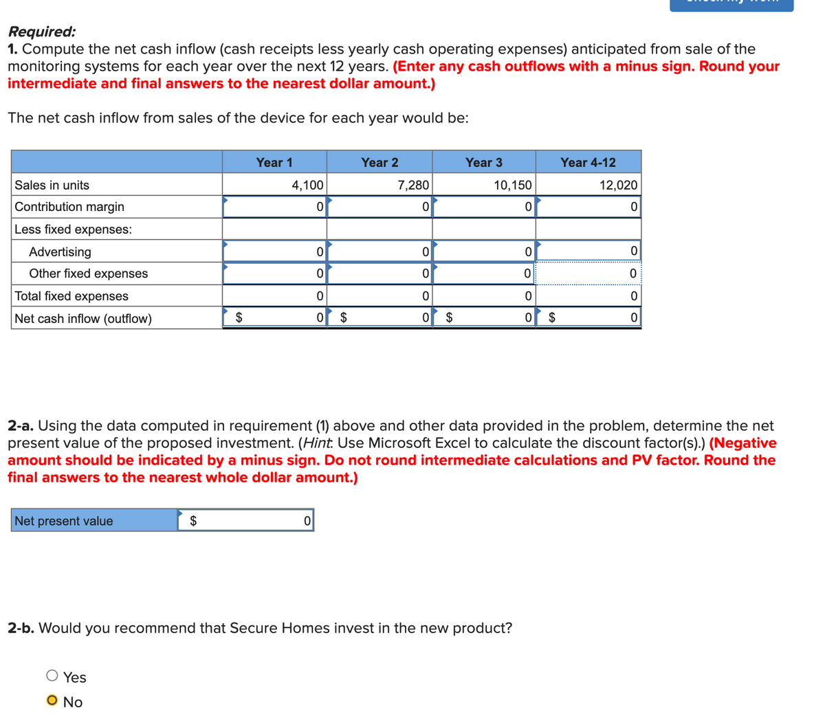 Required:
1. Compute the net cash inflow (cash receipts less yearly cash operating expenses) anticipated from sale of the
monitoring systems for each year over the next 12 years. (Enter any cash outflows with a minus sign. Round your
intermediate and final answers to the nearest dollar amount.)
The net cash inflow from sales of the device for each year would be:
Year 1
Year 2
Year 3
Year 4-12
Sales in units
4,100
7,280
10,150
12,020
Contribution margin
Less fixed expenses:
Advertising
Other fixed expenses
Total fixed expenses
Net cash inflow (outflow)
$
$
$
2$
2-a. Using the data computed in requirement (1) above and other data provided in the problem, determine the net
present value of the proposed investment. (Hint: Use Microsoft Excel to calculate the discount factor(s).) (Negative
amount should be indicated by a minus sign. Do not round intermediate calculations and PV factor. Round the
final answers to the nearest whole dollar amount.)
Net present value
$
2-b. Would you recommend that Secure Homes invest in the new product?
Yes
O No
