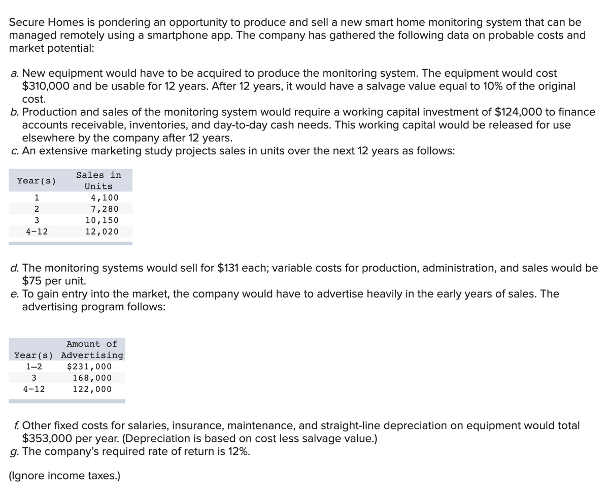 Secure Homes is pondering an opportunity to produce and sell a new smart home monitoring system that can be
managed remotely using a smartphone app. The company has gathered the following data on probable costs and
market potential:
a. New equipment would have to be acquired to produce the monitoring system. The equipment would cost
$310,000 and be usable for 12 years. After 12 years, it would have a salvage value equal to 10% of the original
cost.
b. Production and sales of the monitoring system would require a working capital investment of $124,000 to finance
accounts receivable, inventories, and day-to-day cash needs. This working capital would be released for use
elsewhere by the company after 12 years.
C. An extensive marketing study projects sales in units over the next 12 years as follows:
Sales in
Year(s)
Units
1
4,100
7,280
2
10,150
12,020
3
4-12
d. The monitoring systems would sell for $131 each; variable costs for production, administration, and sales would be
$75 per unit.
e. To gain entry into the market, the company would have to advertise heavily in the early years of sales. The
advertising program follows:
Amount of
Year (s) Advertising
$231,000
168,000
122,000
1-2
4-12
f. Other fixed costs for salaries, insurance, maintenance, and straight-line depreciation on equipment would total
$353,000 per year. (Depreciation is based on cost less salvage value.)
g. The company's required rate of return is 12%.
(Ignore income taxes.)

